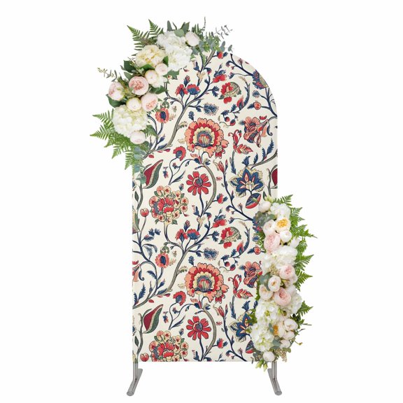 Boho Flowers Arch Backdrop Cover, Spandex Fitted Wedding Arch Cover, Watercolor Red Orange Floral Branch Leaf Round Top Stand Covers for Birthday Ceremony Bridal Shower Party Decor 5x2.1 Ft