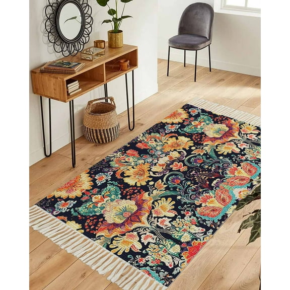 Boho Flowers Area Rug 3x5ft Woven Runner Rug,Tribal Bohemian Colorful Traditional Floral Washable Living Room Hallway Bedroom Kitchen Carpet with Tassels,Indoor Outdoor Throw Door Mat for Entryway