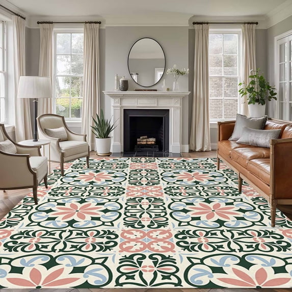 Boho Flowers Area Rugs 5'x8', Washable Small Throw Rugs for Classroom Bedroom, Farmhouse Abstract Geometric Patterned Indoor Outdoor Rug Non-Slip Low Pile Carpet Runner Reversible Floor Mats