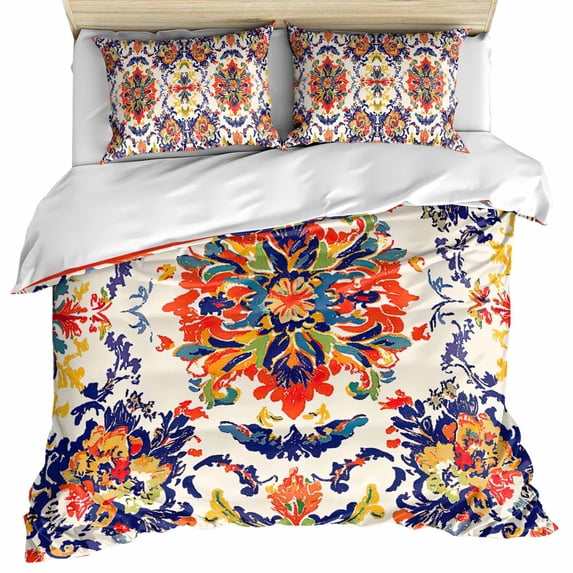 Boho Flowers Bedding 3 Piece Duvet Cover Set California King, Abstract Bohemian Colorful Retro Floral Soft Microfiber Comforter Cover with Zipper Closure & Pillowcases, FadeResistant Quilt Cover