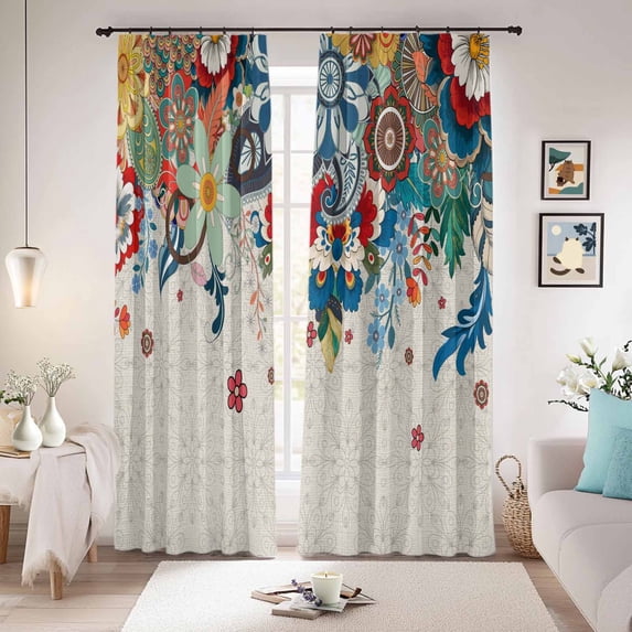 Boho Flowers Blackout Curtains for Bedroom/Living Room, Pinch Pleated Black Out Curtains, Abstract Ethnic Vintage Bohemian Floral Room Darkening Window Drapes with Hooks 2 Panels, 39"x70"