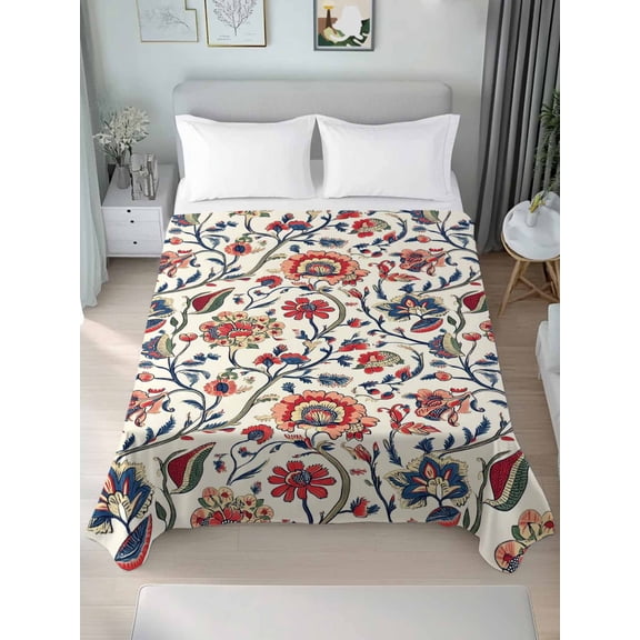 Boho Flowers California King Size Flat Sheet, Wrinkleproof & Fadeproof Cooling Flat Bed Sheet Only, Watercolor Red Orange Floral Branch Leaf Breathable Soft Bedding Top Sheets 108 x 98 Inches
