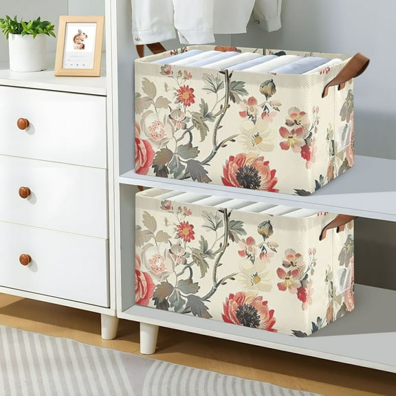 Boho Flowers Foldable Storage Large Fabric Storage Baskets Organizer Storage Bins with Handles for Shelves
