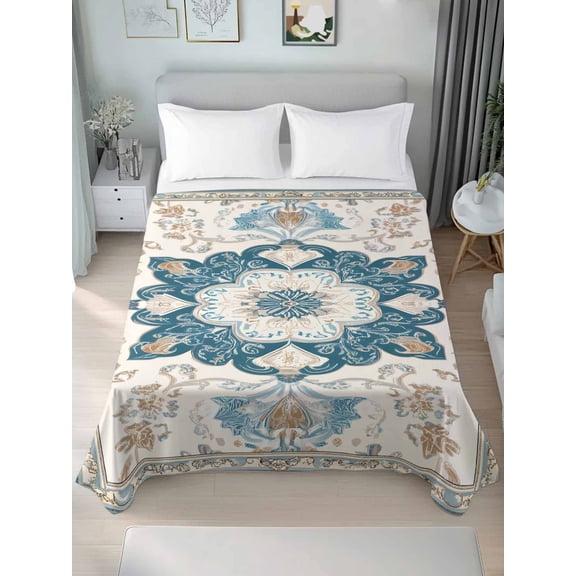 Boho Flowers King Size Flat Sheet, Wrinkleproof & Fadeproof Cooling Flat Bed Sheet Only, Country Neutral Chic Abstract Floral Art Breathable Soft Bedding Top Sheets 105 x 98 Inches