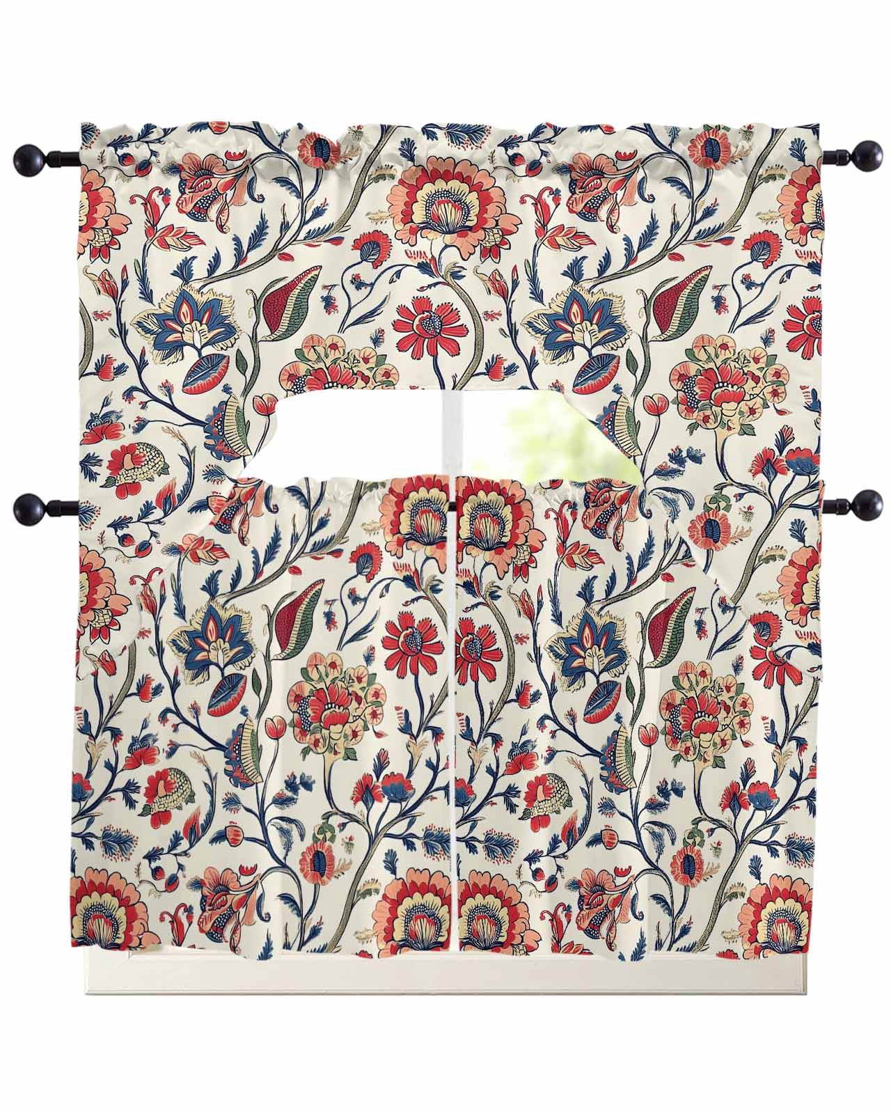 Boho Flowers Kitchen Curtain and Valance Set 3 Pieces,Rod Pocket Short ...