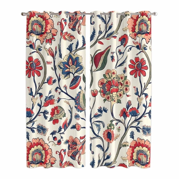 Boho Flowers Kitchen Curtains 84 Inch Length, Watercolor Red Orange Floral Branch Leaf Grommet Top Bedroom Living Room Curtains, Light Filtering Cafe Curtain Drapes 2 Panels Set 84''x84''
