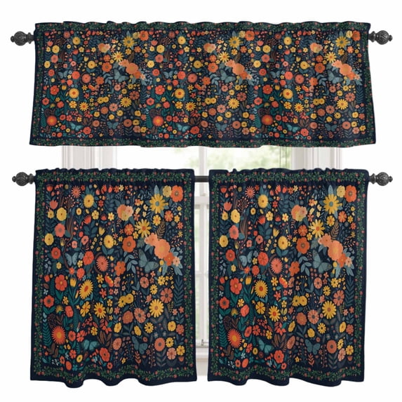 Boho Flowers Kitchen Curtains Sets for Windows 36 Inch Length, Spring Abstract Watercolor Floral Leaf Rod Pocket Window Treatments Tier Curtains and Valances Set for Bedroom/Bathroom