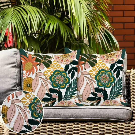 Boho Flowers Leaves Outdoor Pillow Covers 16x16 Inch Set of 2 Waterproof Decorative Floral Square Outdoor Pillows for Patio Furniture Couch Bench Chair