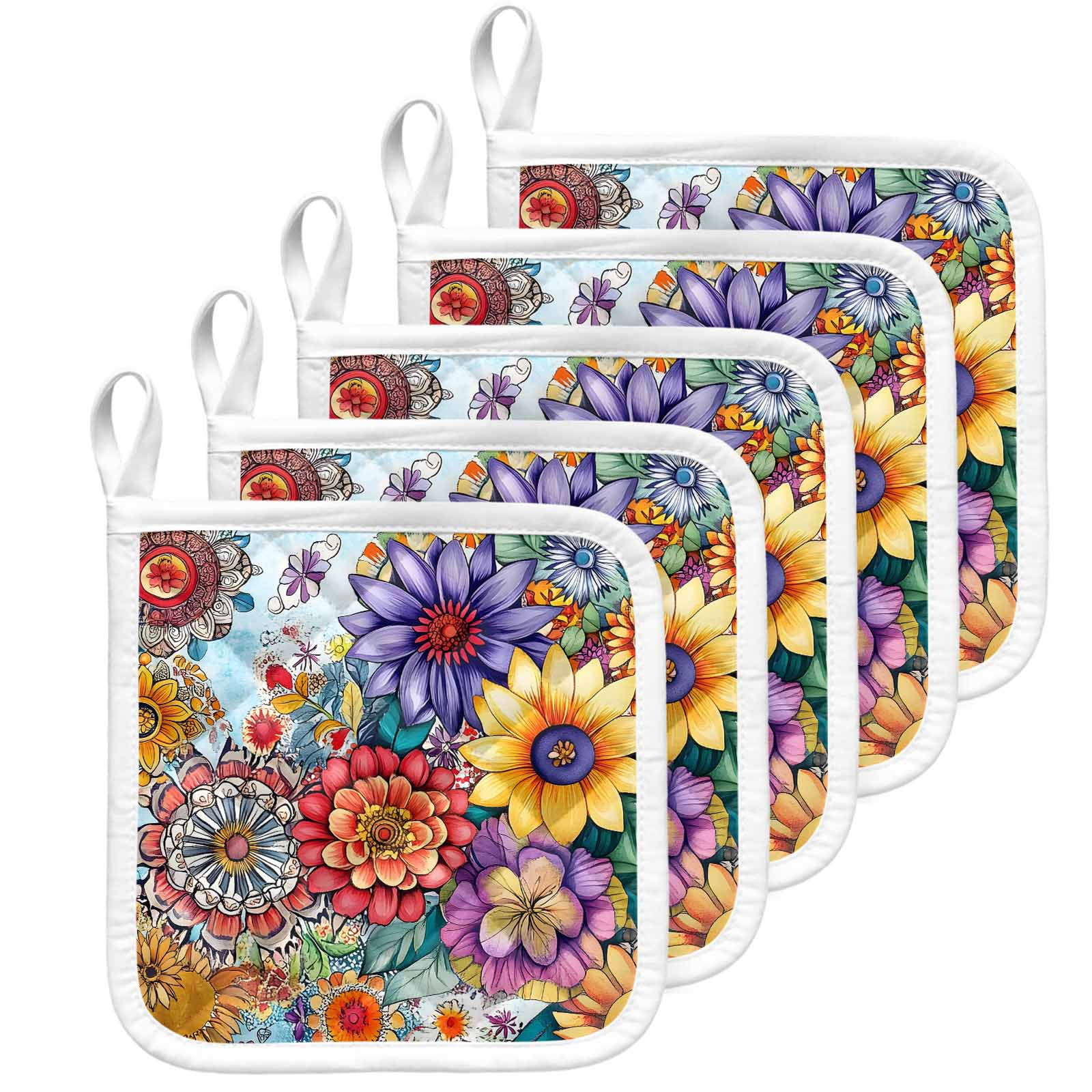 Boho Flowers Pot Holders for Kitchen Heatproof Potholder, 5 Pack Bohemia Ethnic Floral Colorful Floral Hot Pads Multipurpose Oven Pads Cloth Potholders Trivet for Cooking Baking