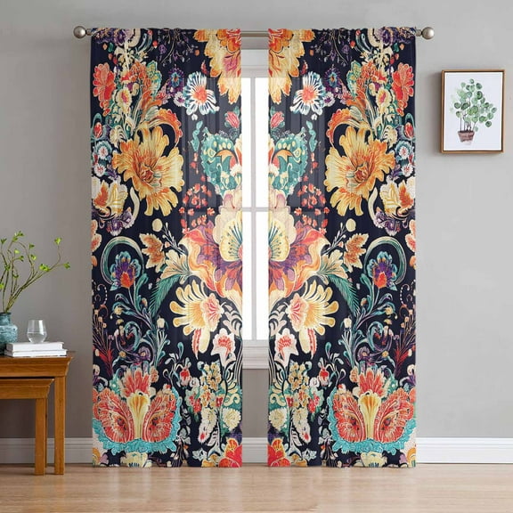 Boho Flowers Semi Sheer Curtains 84 Inch Length 2 Panels Set, Tribal Bohemian Colorful Traditional Floral Sheer Kitchen Curtain Privacy Voile Window Curtain for Living Room Bedroom Rod Pocket Drapes