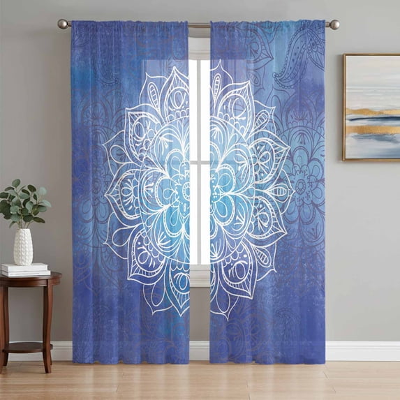 Boho Flowers Sheer Curtains 108 Inch Length 2 Panels Set Window Treatments, Blue Floral Bohemian Vintage Country Rod Pocket Semi Curtains for Living Room/Bedroom/Kitchen Décor, 104"W x 108"L