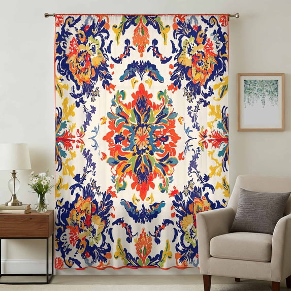 Boho Flowers Sheer Curtains 45 Inches Long, Abstract Bohemian Colorful Retro Floral Light Filering Curtains, Breathable Simi Curtain Privacy Drapes for Kitchen Bathroom Small Window Treatment