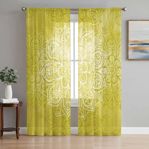 Boho Flowers Sheer Curtains 96 Inch Length 2 Panels Set Window Treatments, Yellow Floral Vintage Bohemian Watercolor Rod Pocket Semi Curtains for Living Room/Bedroom/Kitchen Décor, 104"W x 96"L