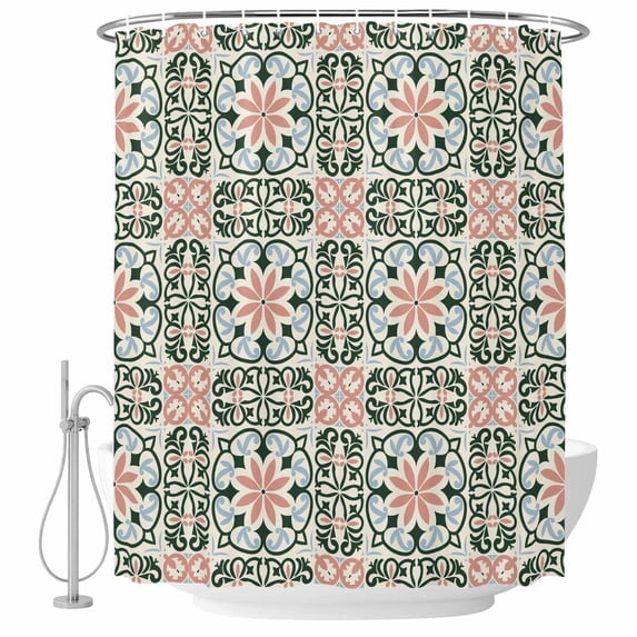 Boho Flowers Shower Curtain, Waterproof Shower Curtains for Bathroom, Farmhouse Abstract Geometric Patterned Washable Fabric Bathtub Curtain Set Bath Decor with 12 Hooks 48"x72"