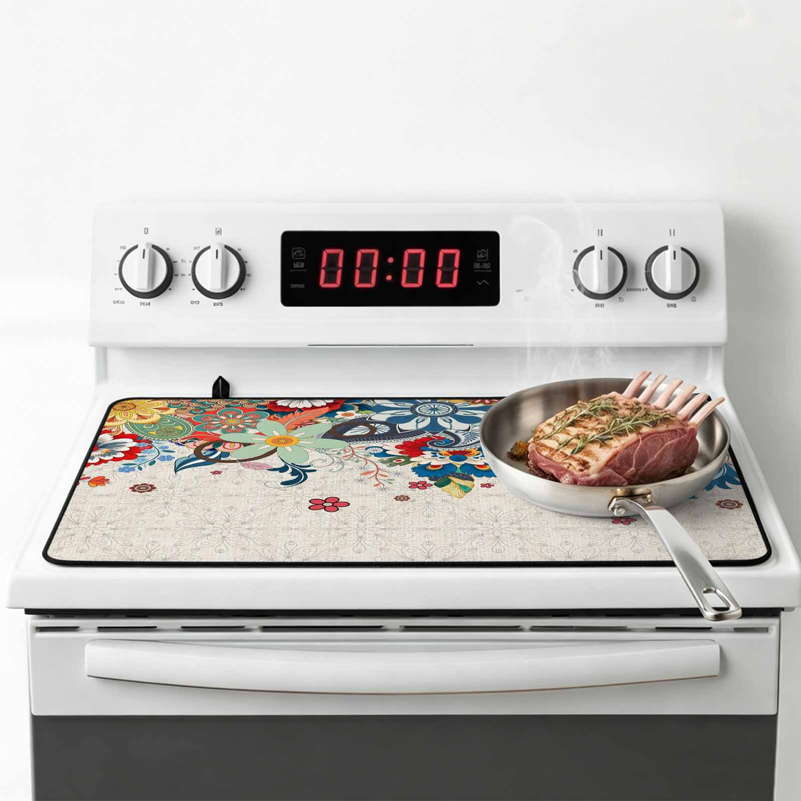 Boho Flowers Stove Top Cover for Electric Stove, Heat-proof & Non Slip Glass Top Stove Cover Protector, Abstract Ethnic Vintage Bohemian Floral Kitchen Flat Cooktop Rubber Mat 24x21 Inches