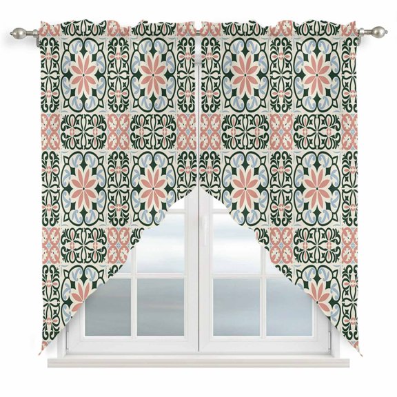 Boho Flowers Swag Curtains for Living Room/Bedroom, Farmhouse Abstract Geometric Patterned Swag Kitchen Curtain Valances for Windows, Tier Topper Scalloped Curtain 2 Panels, 56"W x 36"L