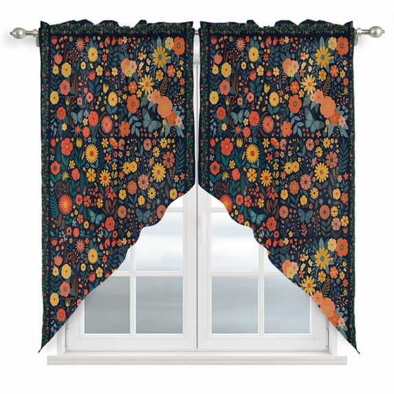Boho Flowers Swag Valances for Windows, Kitchen Window Curtains Over Sink, Spring Abstract Watercolor Floral Leaf Window Treatment Curtains for Living Room/Bedroom Curtains 2 Panel Sets 36"x45"