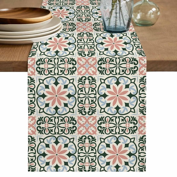 Boho Flowers Table Runner 48 Inches, Farmhouse Abstract Geometric Patterned Bed Runner Dresser Scarves Tabletop for Indoor Outdoor Parties/Ceremony/Banquet, 13" x 48"