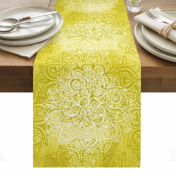 Boho Flowers Table Runner - 72 Inch Long, Kitchen Dining Table Runner Dresser Scarves, Yellow Floral Vintage Bohemian Watercolor Farmhouse Decor for Coffee Tables Wedding Party Banquet