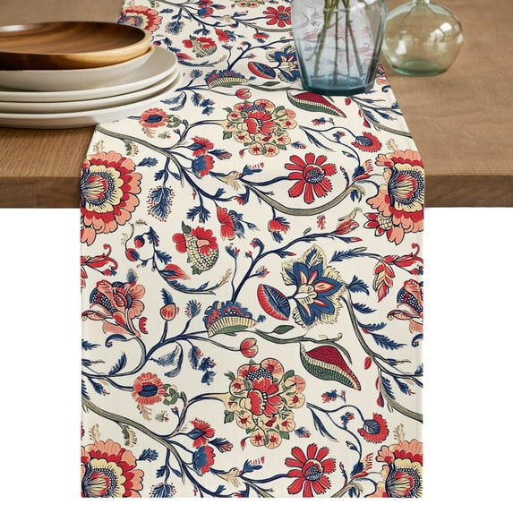 Boho Flowers Table Runner 90 Inches Long,Watercolor Red Orange Floral ...