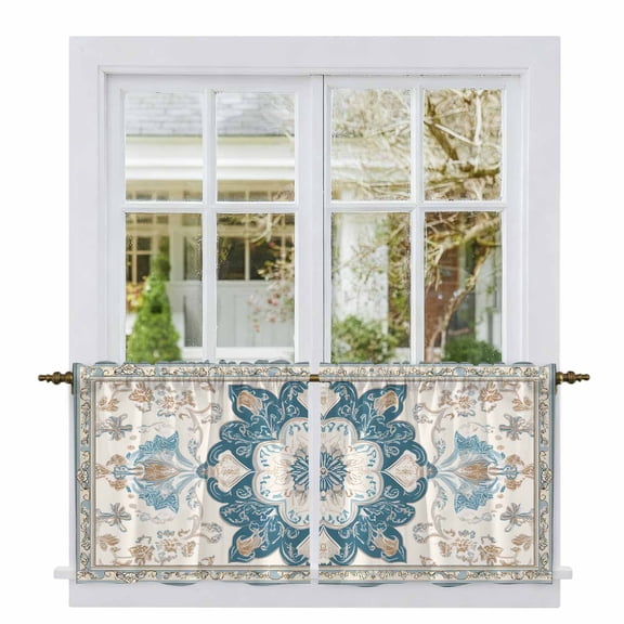 Boho Flowers Tier Curtains, Country Neutral Chic Abstract Floral Art Light Filtering Kitchen Curtains, 2Pcs Rod Pocket Half Window Treatments Panels for Sink Cafe Cabinet Camper 27.5x24 Inches