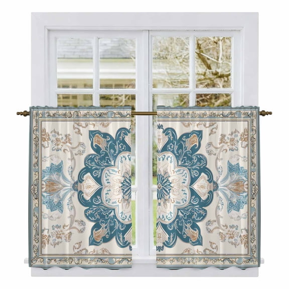 Boho Flowers Tier Curtains, Country Neutral Chic Abstract Floral Art Light Filtering Kitchen Curtains, 2Pcs Rod Pocket Half Window Treatments Panels for Sink Cafe Cabinet Basement 27.5x45 Inches