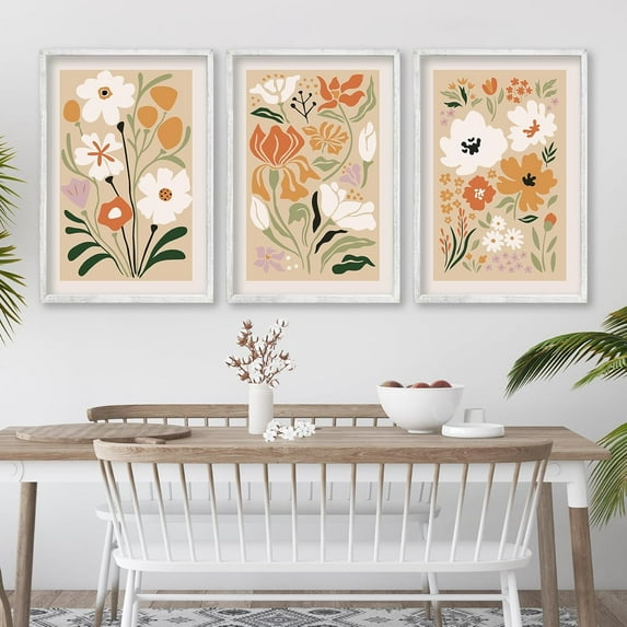 Boho Flowers Wall Art Sign Set of 3 16"x11" Mid Century Modern Minimalist Wooden Framed Abstract Flower for Vintage Living Room Bedroom Wall Hanging Decor (Black)