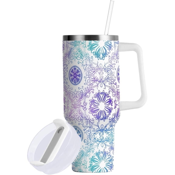 Boho Flowers White 40 oz Tumbler with Lid and Straw Insulated Tumblers with Handle Travel Coffee Mug Cup Large Water Bottles Cup Fits in Car Cup Holder