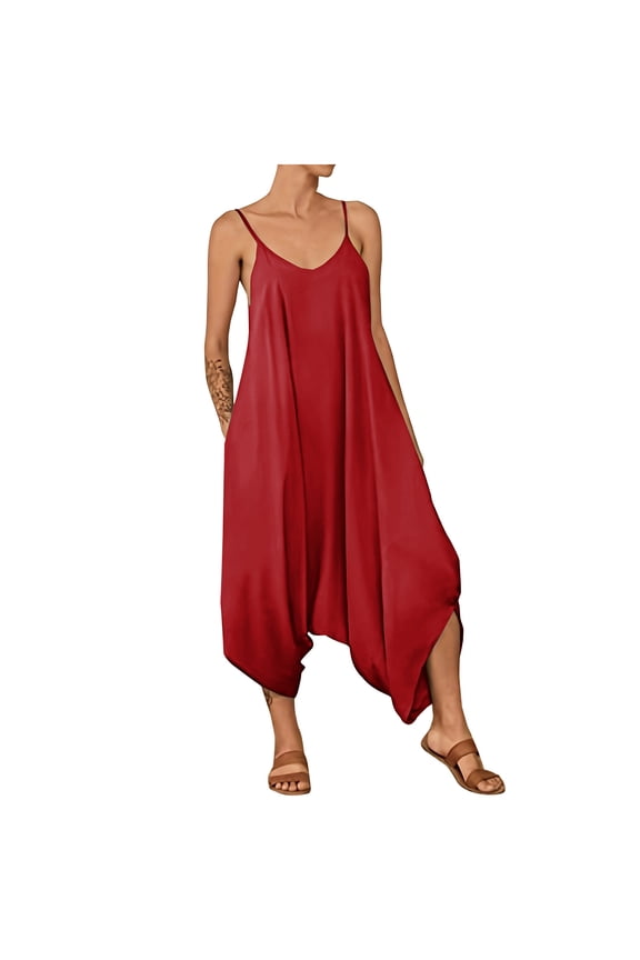 Boho Flowy Jumpsuit for Women Vintage Solid Cami Bib Pants Summer Fashion Harem Pants Party Lounge Wide Leg Rompers