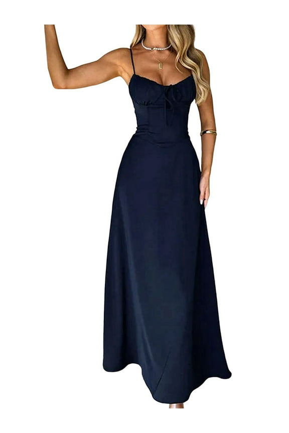 Boho Flowy Slit Lace Up Dresses for Women Going Out A Line Casual Sundress Dark Blue XL