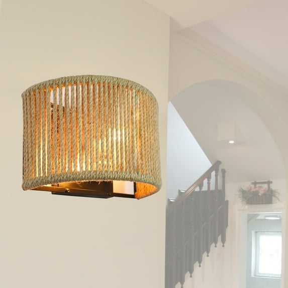 Boho Flush Mounted Sconce Rattan Wall Lamp Hemp Rope Farmhouse Sconces - N/A