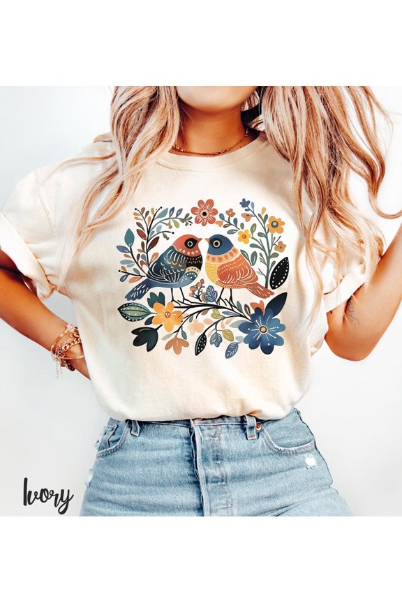 Boho Folk Art Bird Graphic Shirt, Cottagecore Floral Tee, Vintage Nature Lover Gift, Comfort Colors Unisex Cotton T-Shirt, Size S-3XL
