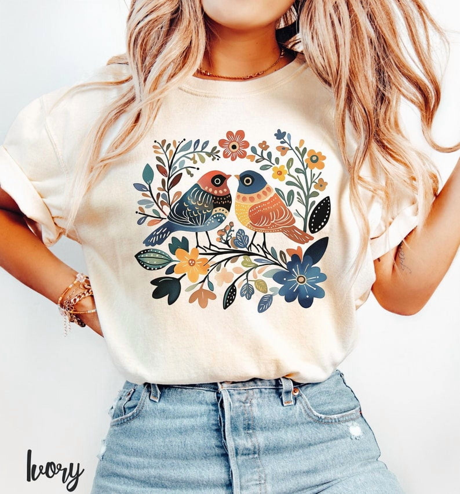 Boho Folk Art Bird Shirt Birdies and Flowers Shirt Boho Aesthetic Boho Folk Art Bird Shirt Birdies and Flowers Shirt Boho Aesthetic