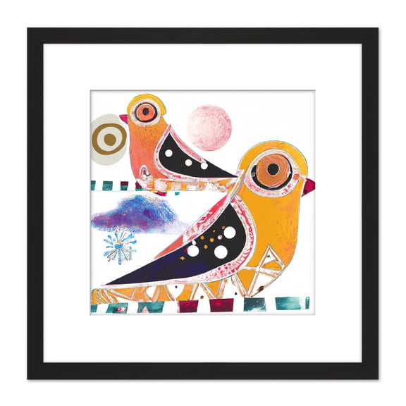Boho Folk Art Birds Pattern Feathers Quirky Illustration Square Wooden Framed Wall Art Print Picture 8X8 Inch