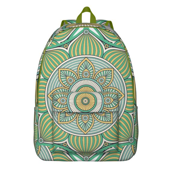Boho Folk Ethnic Mandala Canvas School Backpack, Abstract Sacred Meditation Daypack with Artistic Cultural Ornament Pattern