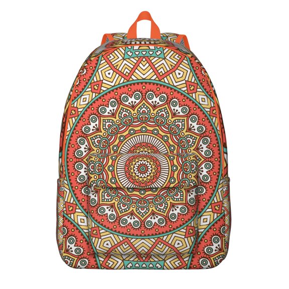 Boho Folk Ethnic Mandala Canvas School Backpack, Abstract Sacred Meditation Daypack with Artistic Cultural Ornament Pattern