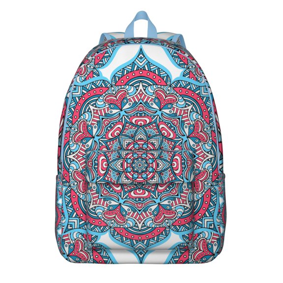 Boho Folk Ethnic Mandala Canvas School Backpack, Abstract Sacred Meditation Daypack with Artistic Cultural Ornament Pattern