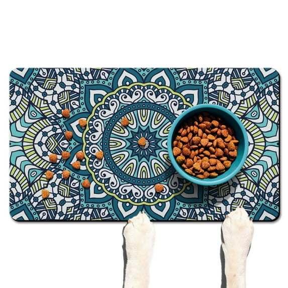 Boho Folk Mandala Pet Mat - Large Anti-Slip Dog Water Bowl Mat with Cultural Floral Patterns, Eco-Conscious & Family-Friendly