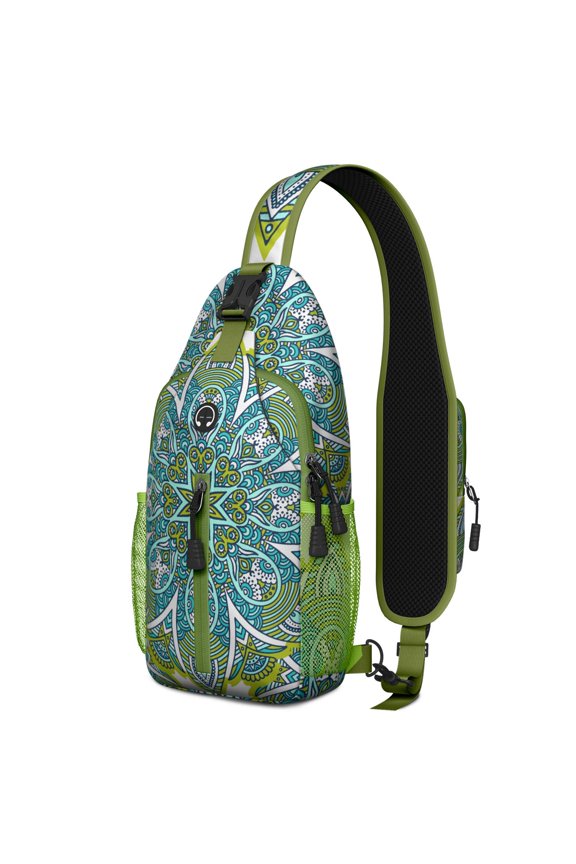 Boho Folk Mandala Sling Bag with Geometric Ornament Design, Lightweight Durable Crossbody Backpack, Adjustable Strap, Multiple Compartments for Meditation, Outdoor Use
