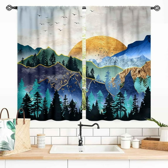 Boho Forest Curtains, Mid Century Modern Aesthetic Mountains Gold Sun Nature Abstract Art Print Blue Teal Small Window Drapes Treatments for Bedroom Living Room Kitchen Bathroom, 27.5x36 Inch