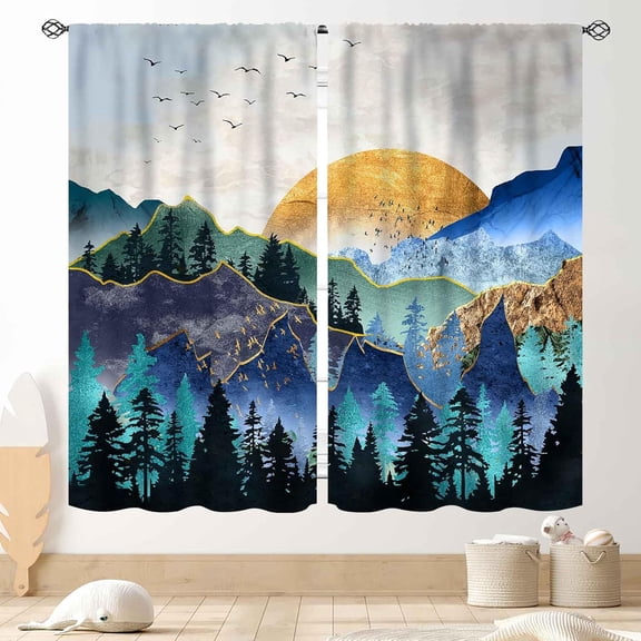 Boho Forest Curtains, Mid Century Modern Aesthetic Mountains Gold Sun Nature Abstract Art Print Blue Teal Window Drapes Treatments for Bedroom Living Room Kitchen Bathroom, 84"x84" Inch