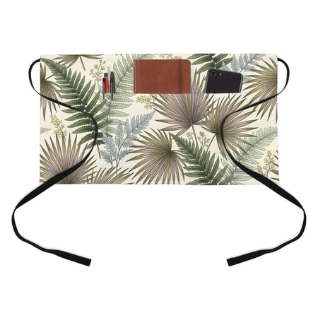 Boho Forest Kitchen Restaurant Half Waist Apron, Vintage Country Green Blue Ferns Beige Server Short Apron with 3 Pockets Waterproof Oil Waist Aprons for Women Waitress Waiter