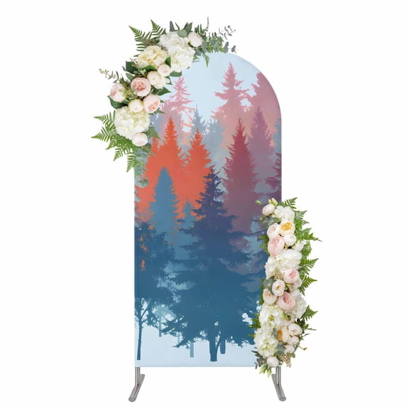 Boho Forest Silhouette Arch Backdrop Cover 5FT, Retro Abstract Forest Trees Blue Spandex Fitted Stretchy Arch Stand Covers, Round Top Chiara Backdrop Cover for Wedding Party Birthday Baby Shower