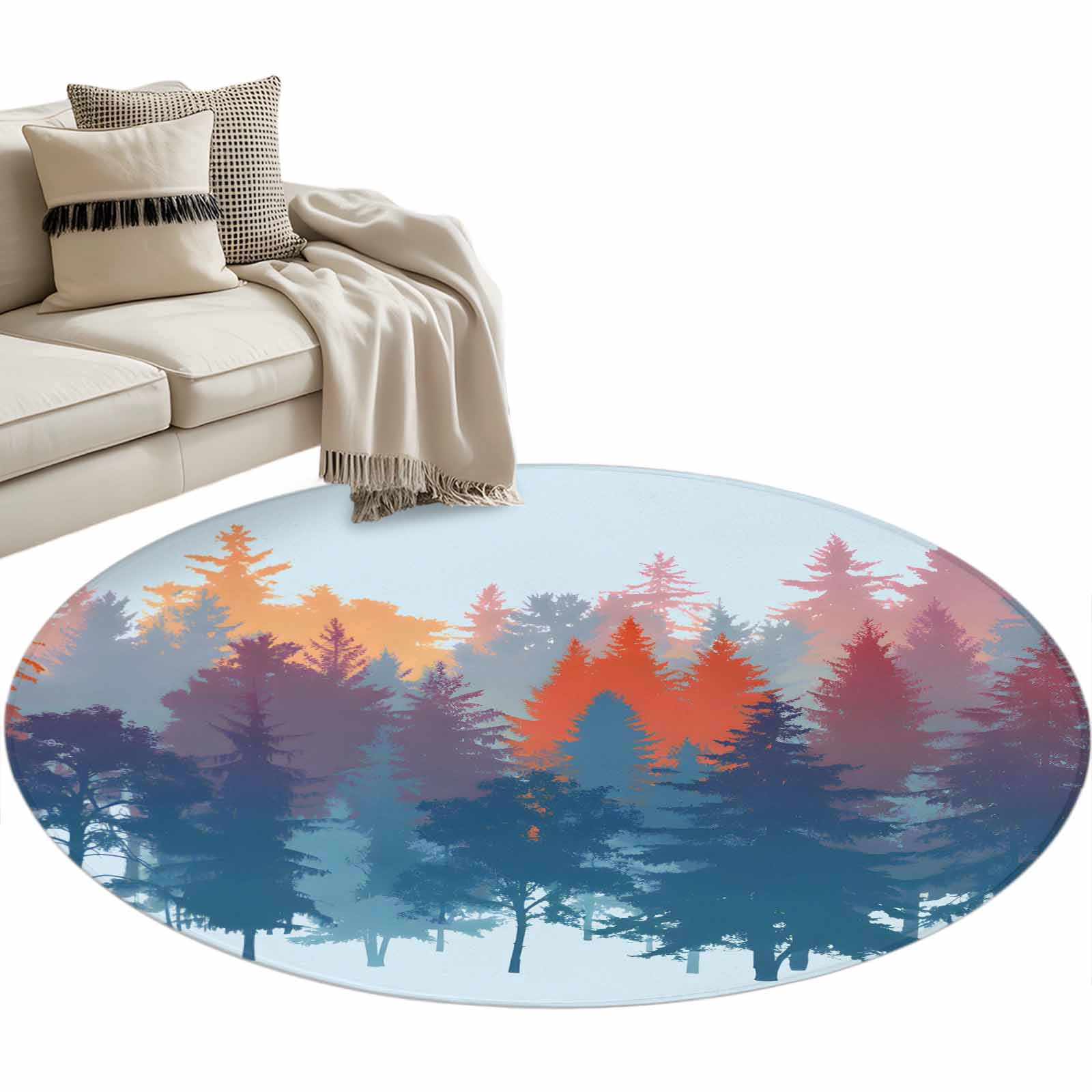 Small Round Forest Rug Boho Forest Silhouette Round Rug 4ft Washable Circle Entryway Rugs Non ...