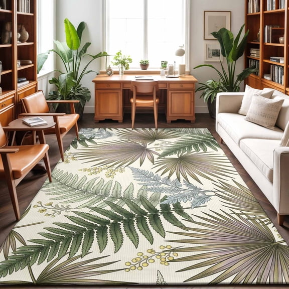 Boho Forest Washable Area Rug 9 x 12 ft Vintage Country Green Blue Ferns Beige, Soft Non Slip Rugs Stain Repellent Indoor Felt Carpet for Living Dining Room Bedroom Home Office