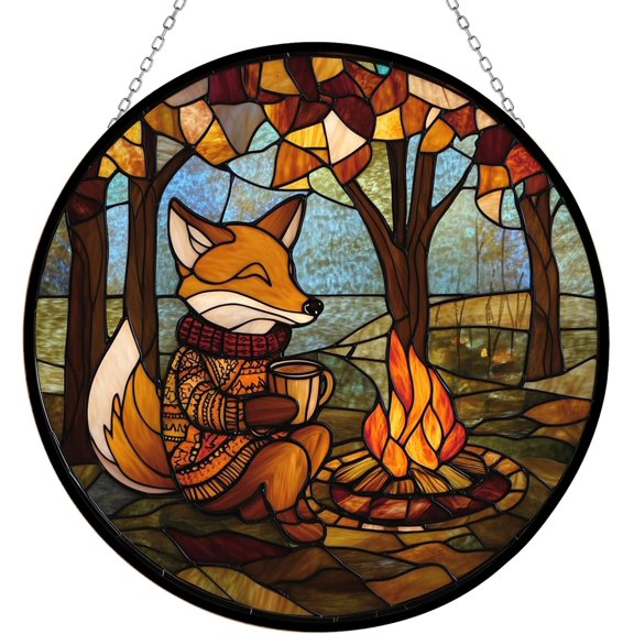 Boho Fox in A Cozy Sweater Stained Glass Sun Catcher Mountain Stained Glass Window Hanging, Suncatchers Lavender Wall Decor, for Women/Friends/Lover
