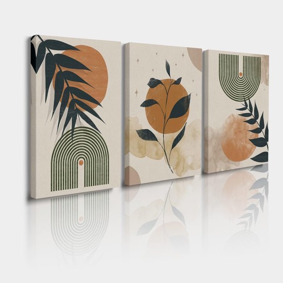 Boho Framed Canvas Print Wall Art Set Mid-Century Geometric Wall Decor Sun Moon Art Abstract Shapes Illustrations Minimalism Boho Decorative for Living Room Bedroom Office 12"x16"x3 Natural