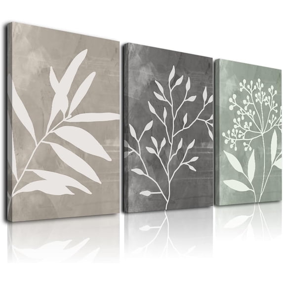 Boho Framed Canvas Wall Art,Minimalist Floral Art Boho Wall Decor Living Room,Sage Green Grey Beige Netural Plant Wall Paintings for Bedroom Bathroom Decor Wall Art,12"x16"x3