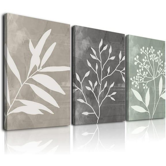 Boho Framed Canvas Wall Art,Minimalist Floral Art Boho Wall Decor Living Room,Sage Green Grey Beige Netural Plant Wall Paintings for Bedroom Bathroom Decor Wall Art,12"x16"x3