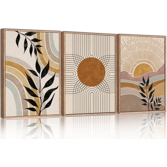 Boho Framed Canvas Wall Art Prints, Set of 3 Mid Century Modern Wall Decor, Nature Plants Desert Sun Art Paintings, Bohemian Artwork for Living Room, Bedroom, Dining Room, Office - 16"x24"x3